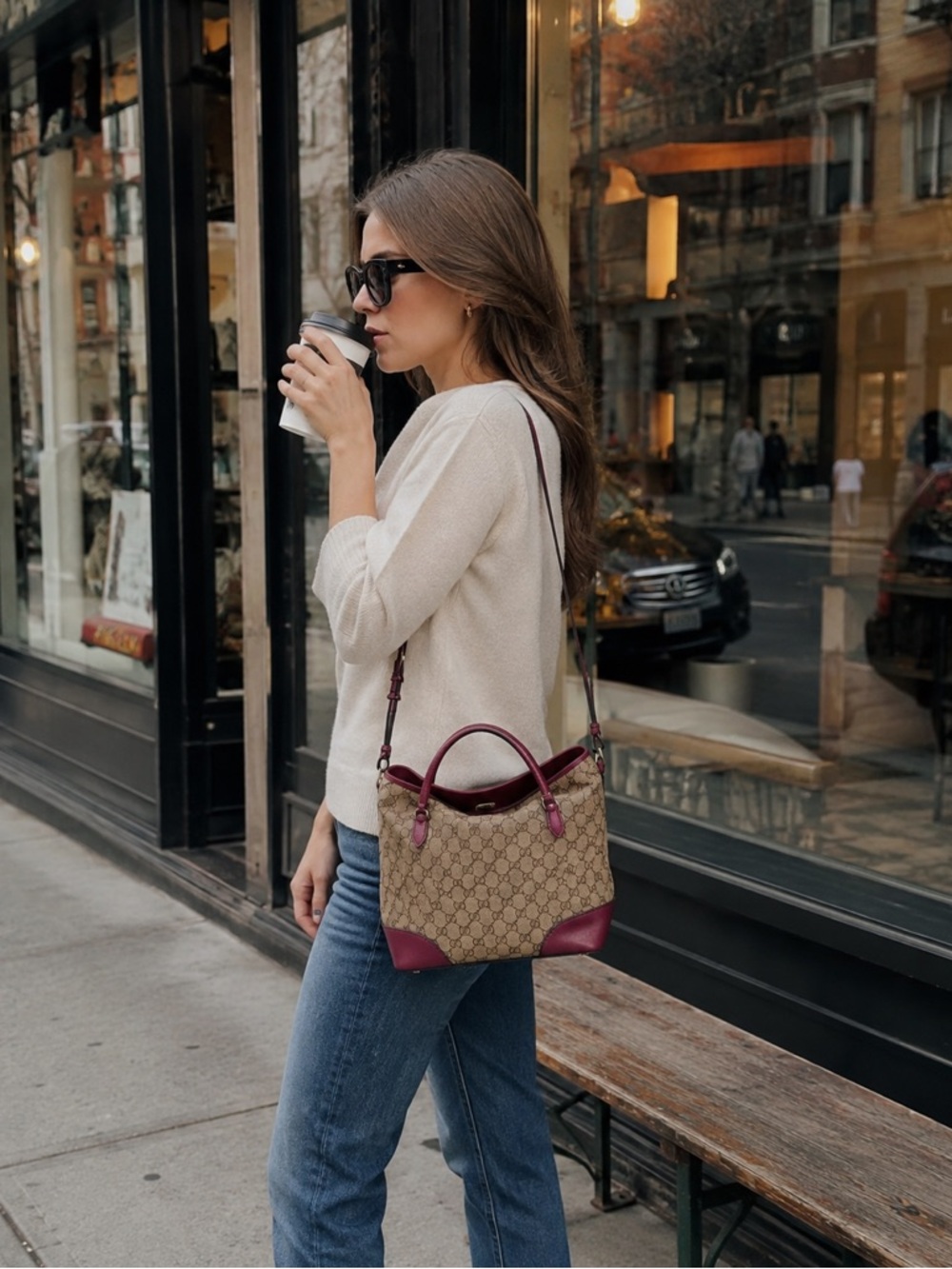 Gucci GG Canvas 2Way Tote Shoulder Crossbody Bag Beige Burgundy Everyday
